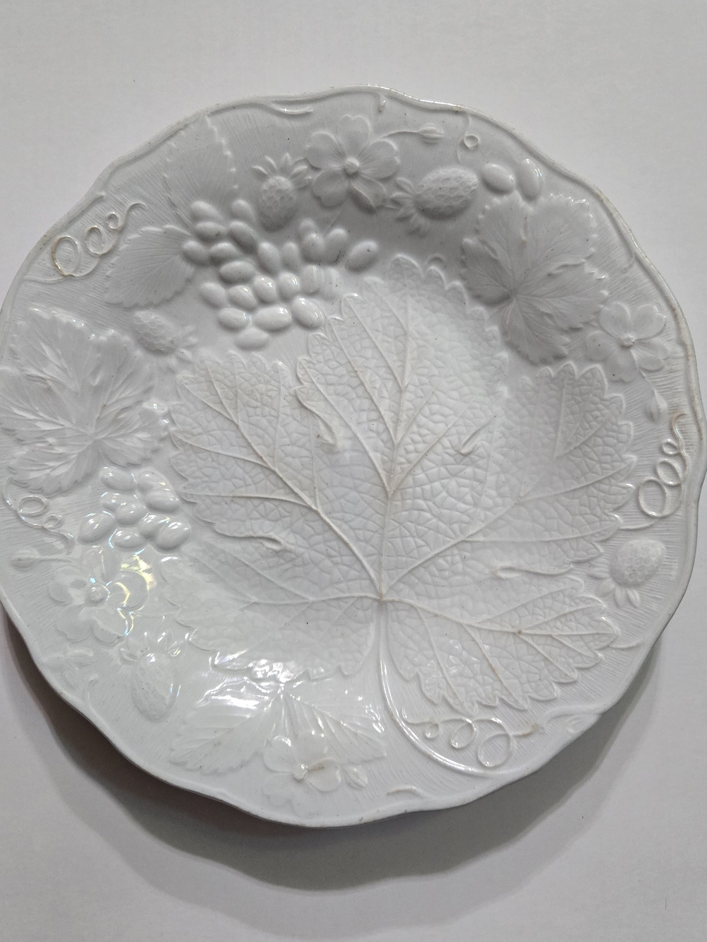 Antique Barrow & Co Ironstone Plate Fruit Garden White Embossed 1850s Rare